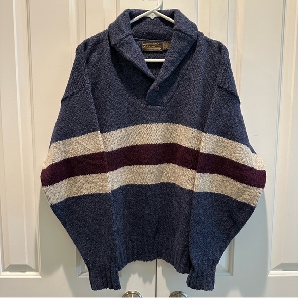 Eddie Bauer Vintage Men’s Blue Wool Shawl Neck Stripes Sweater L